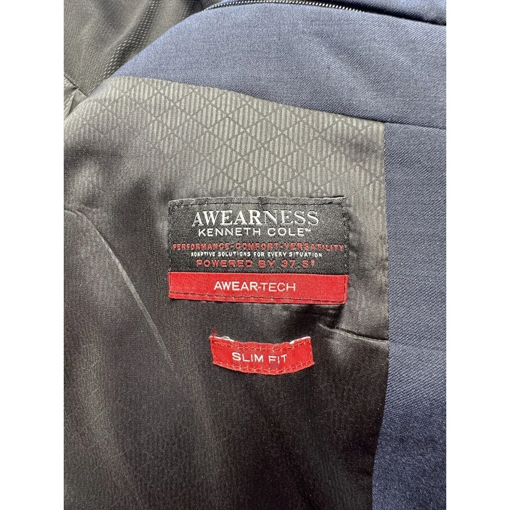 Awearness Kenneth Cole Suit Jacket Mens 46 Long Blue Wool Blend Slim Fit Stretch